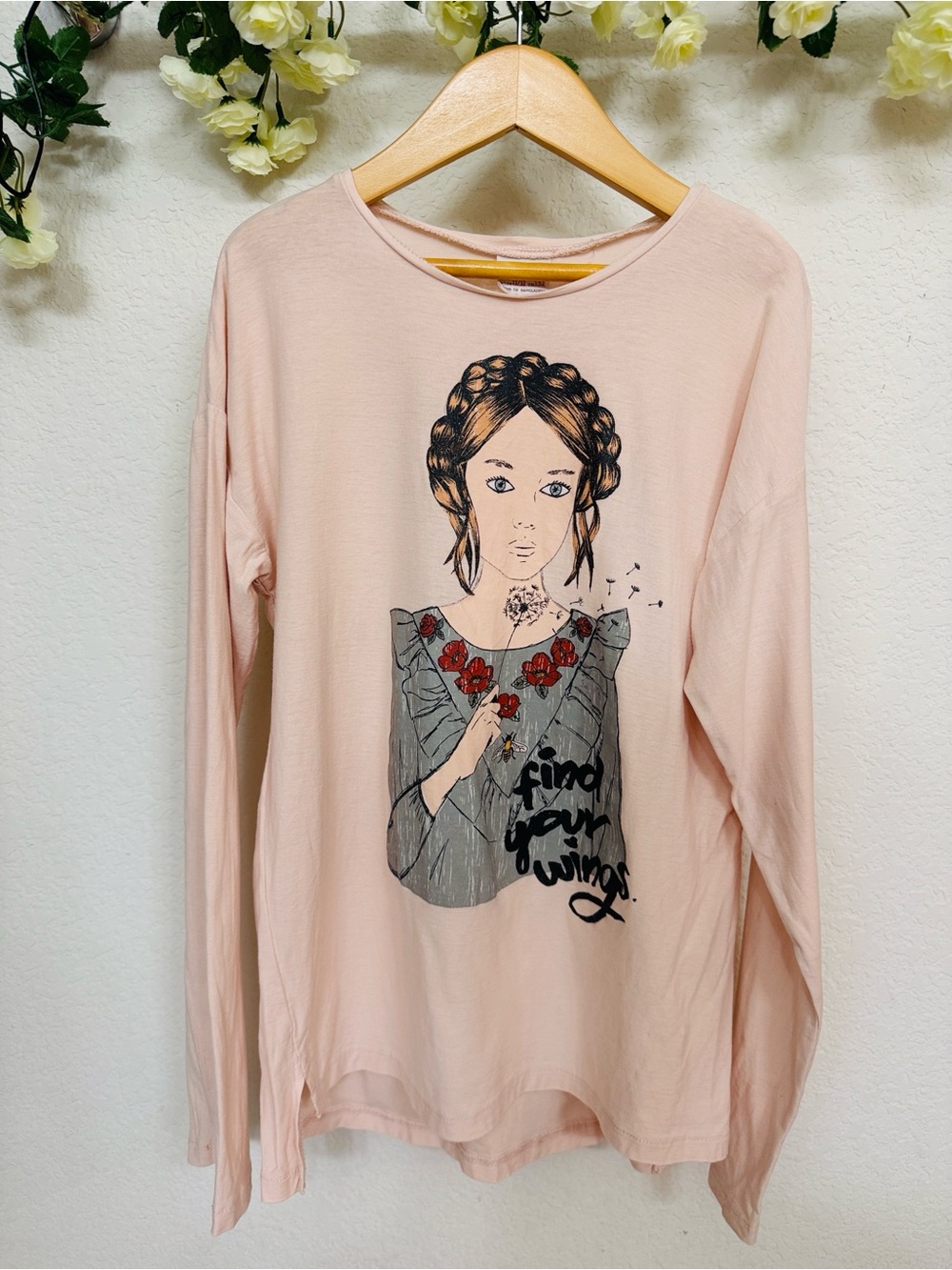 Zara • Light Pink Long Sleeve “Find Your Wings” Graphic Tee with Illustration